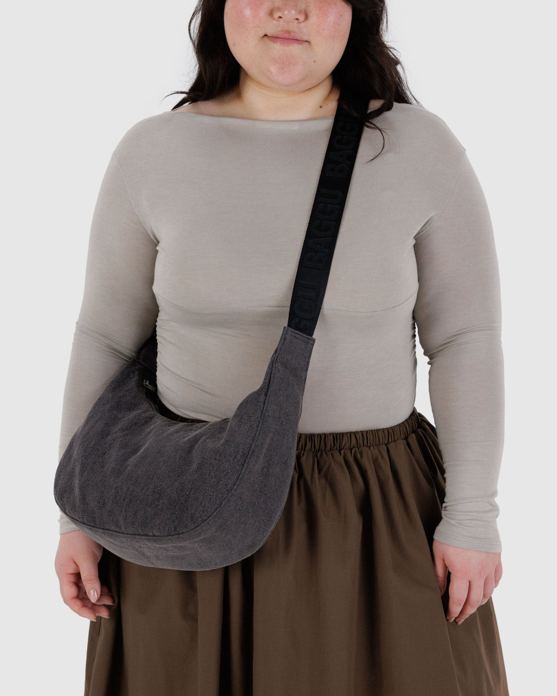 Medium Denim Crescent Bag - Washed Black Denim - Travel Market Style