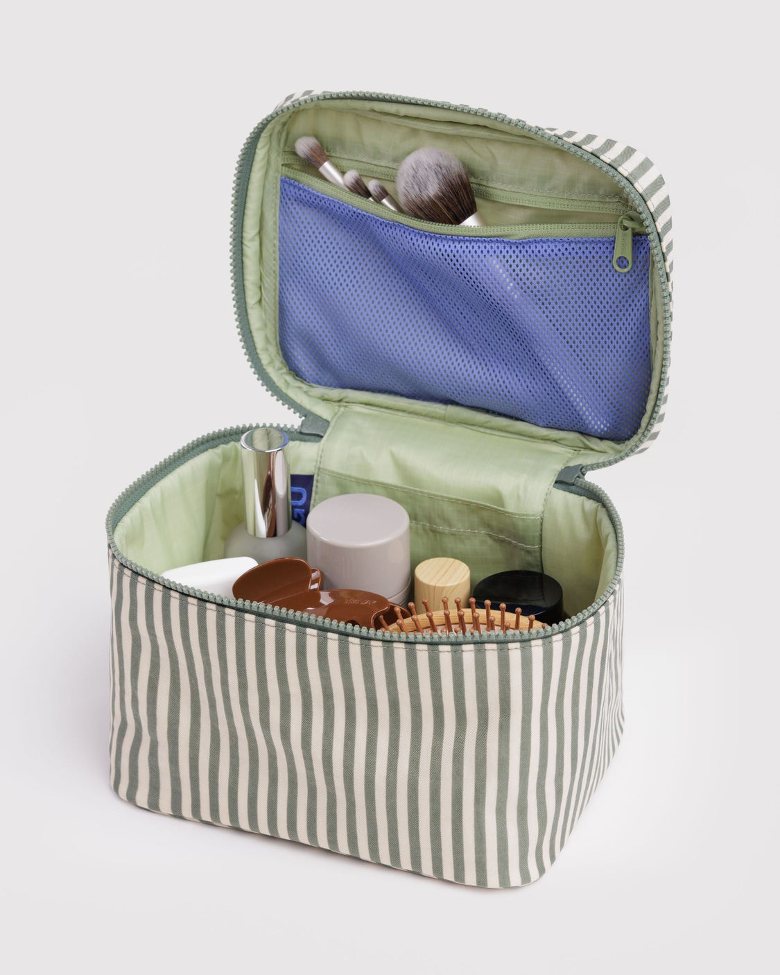 Large Cosmetic Case - Sage Stripe - Classic Zip Case