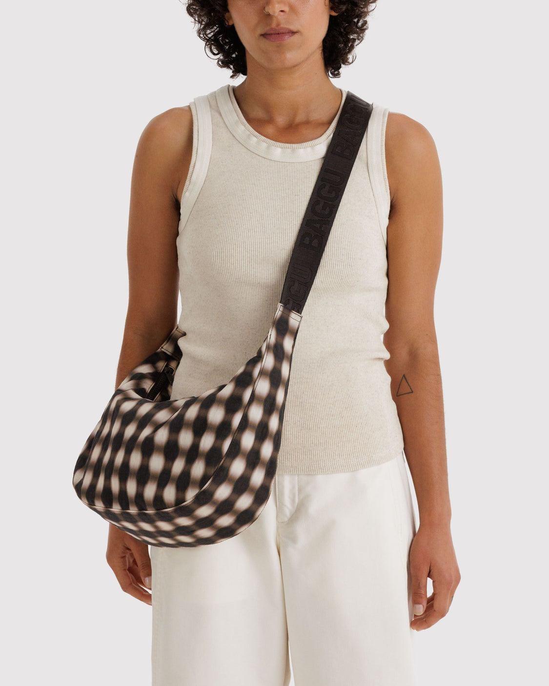 Medium Nylon Crescent Bag - Blurred Gingham Brown - Lite Market Bag
